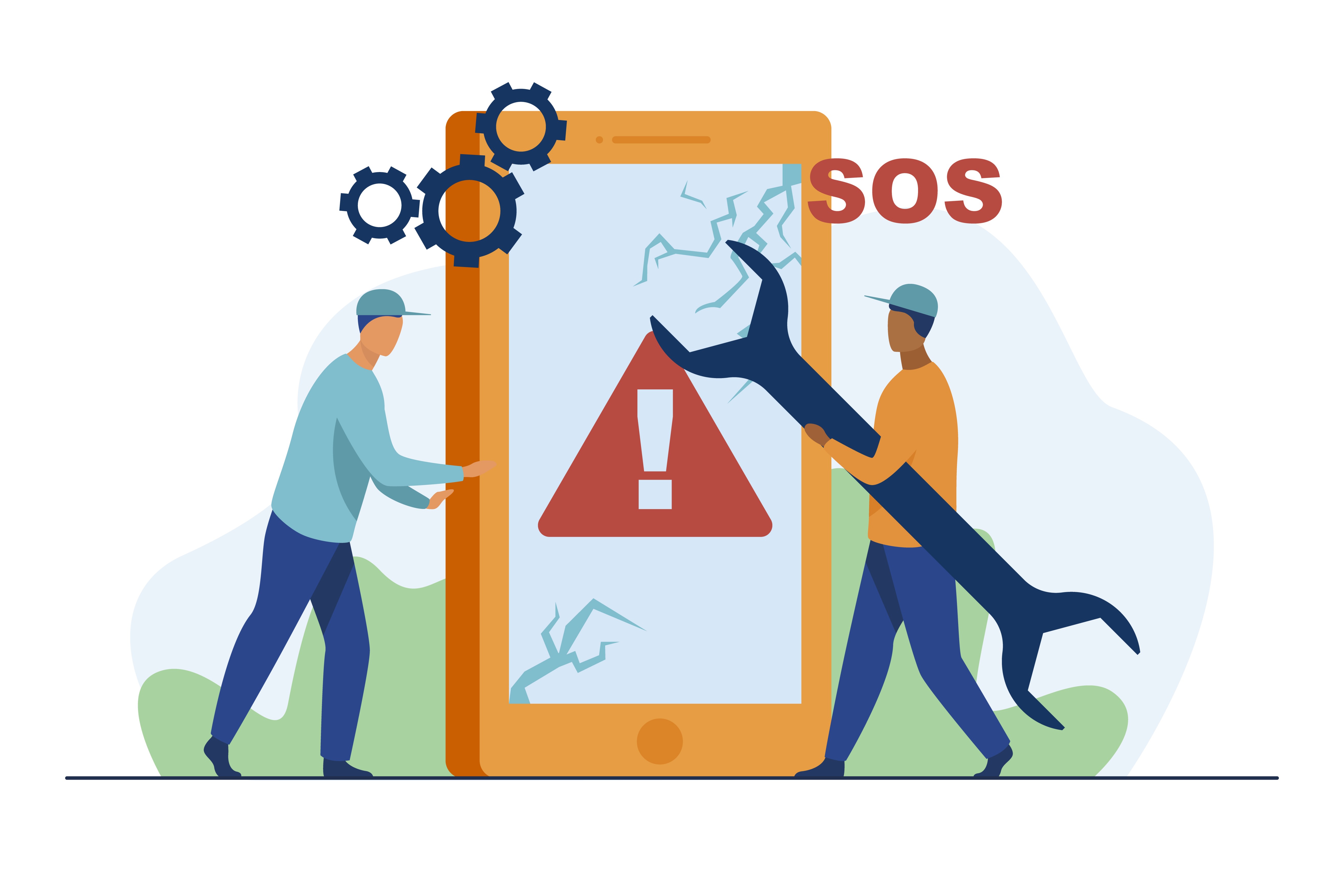 Disaster recovery illustration showing technicians fixing a damaged system with an SOS alert.